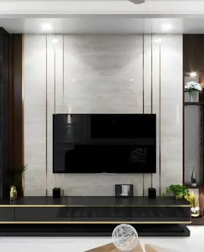 For a touch of opulence, we created this entertainment unit using a black and gold color scheme. The design features a textured marble-like back panel, illuminated display cabinets, and clean metallic inlays for a truly luxurious feel.