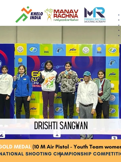 Teamwork is a core part of our training philosophy. Drishti Sangwan stands on the podium with her team after winning the Gold Medal in the 10m Air Pistol Youth Team Women event at the 66th National Shooting Championship.