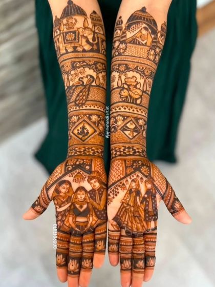 Another example of a family portrait mehndi, showing the couple with their parents on both hands. The arms are decorated with peacock and palace motifs.
