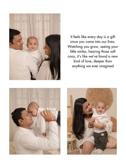 This collage tells the story of a new family's love. From the parents looking lovingly at their baby to the father lifting him up in the air, each frame is filled with pure joy and tenderness.