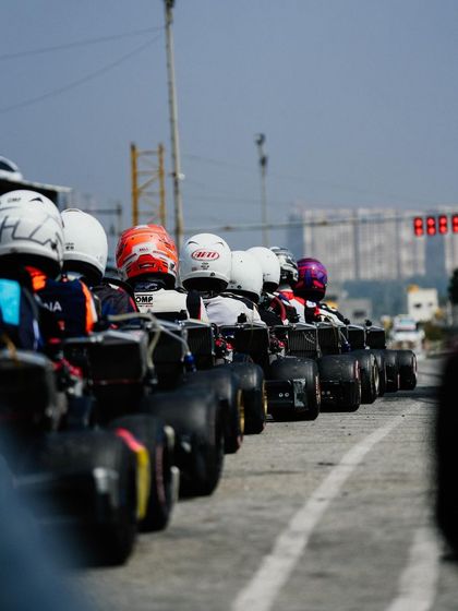 The view from the back of the grid, showing the long line of karts.