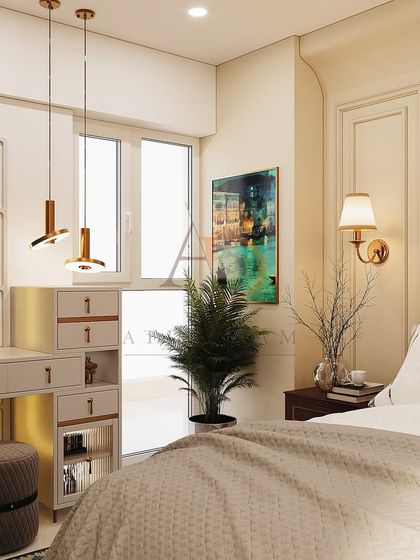 A close-up of the modern vanity table with its unique drawer configuration and stylish pendant lights, set against a large window.