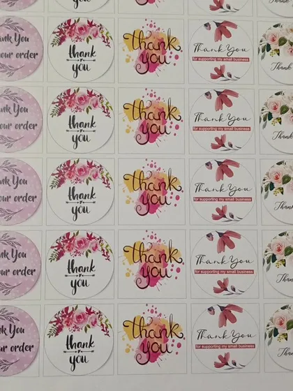 "Thank You" sticker sheets in various beautiful designs. Adding one of these to your packaging is a lovely way to show appreciation to your customers.