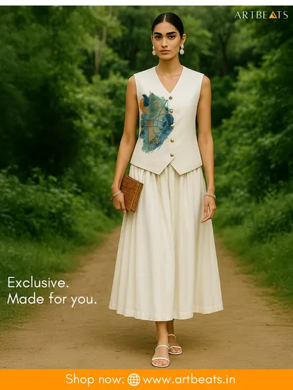 Exclusive and made for you. The Reverie co-ord set, seen here in a serene, natural setting, is a perfect example of art that lives, breathes, and walks with you.
