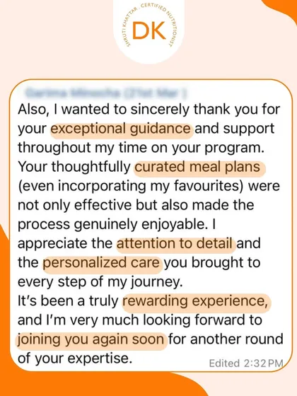 This client expresses appreciation for the thoughtfully curated meal plans that incorporated her favorite foods, making the process genuinely enjoyable.