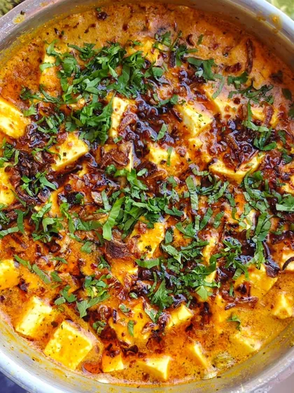 Lucknowi Paneer, a comforting and rich vegetarian dish. The soft paneer is cooked in a flavourful gravy and topped with fried onions and fresh coriander.