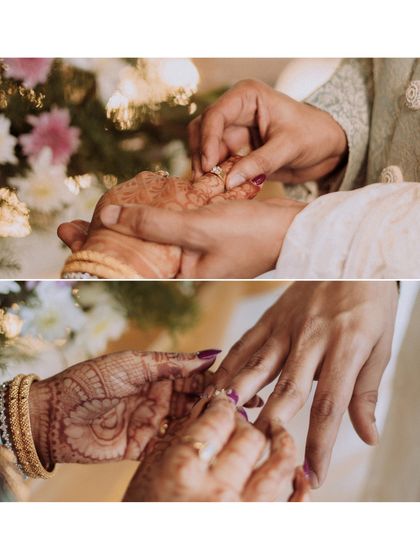 A close-up collage of the ring exchange ceremony. This highlights the most symbolic gesture of an engagement, capturing the details of the hands and rings.