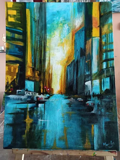 An abstract cityscape painting on canvas, capturing the energy and light of a bustling street at night. I enjoy creating these modern pieces that can transform the mood of a living or office space.