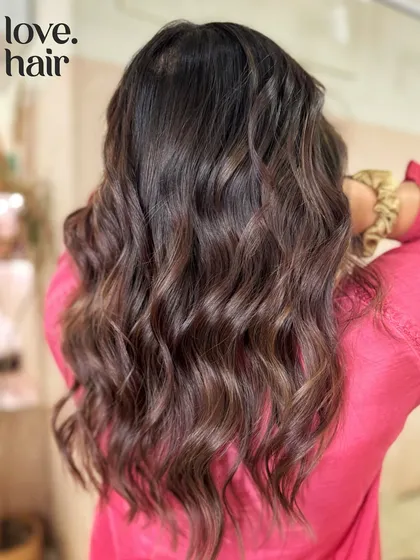 Another angle of this beautiful brunette look, with a scrunchie ready to go.