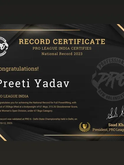 This is what a national record looks like. We congratulate Preeti Yadav for setting a new record in full powerlifting at the PRO League India championship, lifting a total of 350kgs. We always strive for excellence.