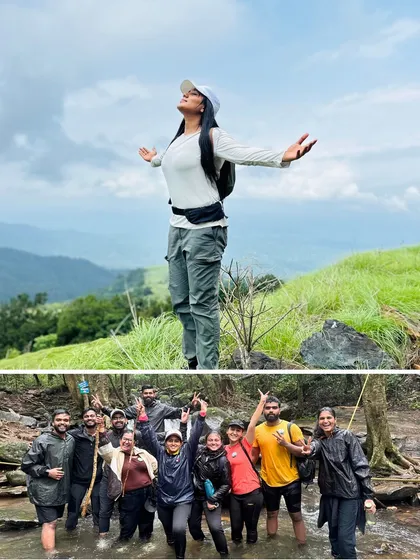 A collage capturing the freedom and joy of trekking in the monsoon, with trekkers enjoying the views and the waterfalls.