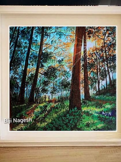 Can you spot the couple taking a morning walk in this sunrise painting from Cubbon Park? This piece is all about hope and new beginnings.