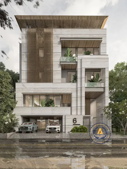 The facade of this 500 sq yd masterpiece on Paschim Marg, DLF Phase 1, is defined by clean lines and striking contrasts. The design is a symphony of natural stone and sleek aluminum shingles, with strategically placed optical fiber lights for a mesmerizing nighttime glow.
