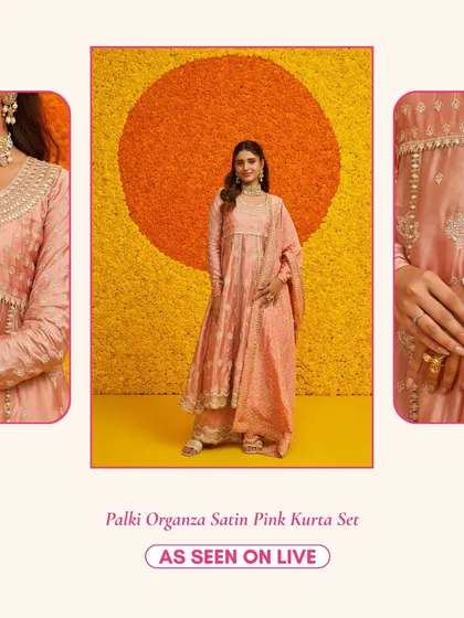 The Palki Organza Satin Pink Kurta Set is a beautiful pastel option with delicate beadwork on the neckline.