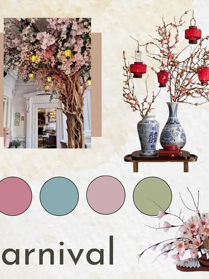 The mood board for 'Whispers of the Orient'. This theme was all about Japanese elegance, combining the gentle charm of cherry blossoms and hand fans with a serene color palette of pink, blue, and green.
