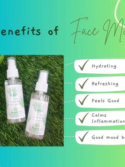 The benefits of my Aloe and Cucumber face mist. It's not just refreshing; it's formulated with 2% Hyaluronic Acid to deeply hydrate and calm inflammation.