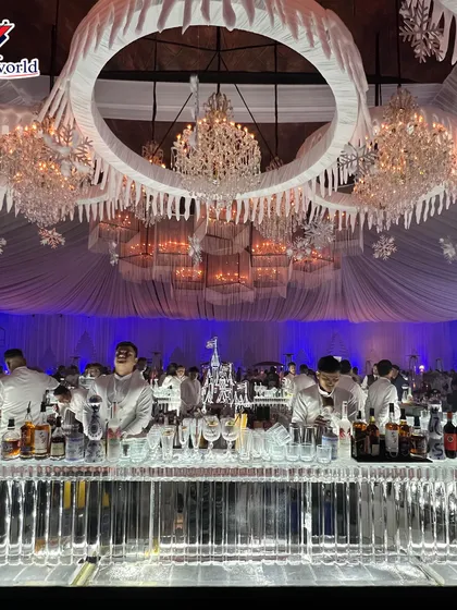 This is how we bring a winter wonderland to life. For this grand wedding, we constructed a complete ice bar, including intricate sculptures and custom lighting, that served as a breathtaking centerpiece. We can design and build thematic bars of any scale to create an immersive experience for your guests.