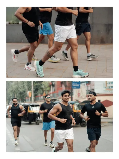 The groom's unique baraat: a run through the streets of Mumbai with his friends. This collage captures the energy, athleticism, and personal story behind this unconventional choice.