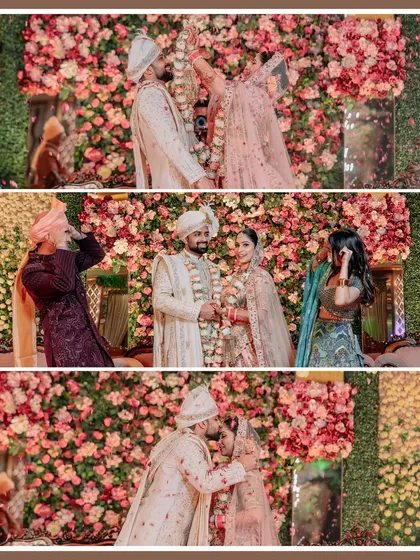 A collage of the Varmala ceremony against a stunning wall of flowers, capturing the couple's joy and the beautiful decor.