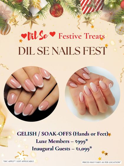 This holiday offer for a Gelish or soak-off service features two examples of elegant, natural-looking manicures, including a classic French tip style.