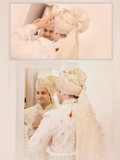 A shot of the groom adjusting his turban in the mirror, a quiet moment of preparation before the main ceremony.