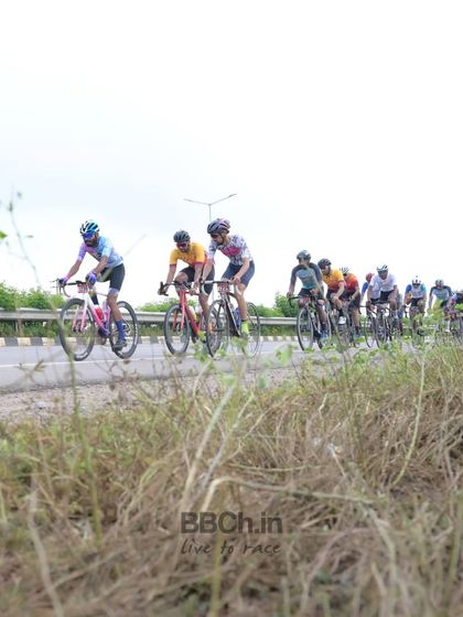 The peloton from a distance, showing the race unfolding on the open road.