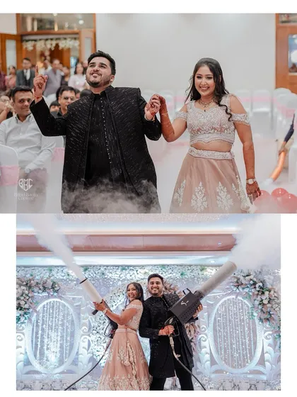 The couple makes a fun and dramatic entrance with smoke guns, setting a playful and high-energy tone for their Sangeet night.