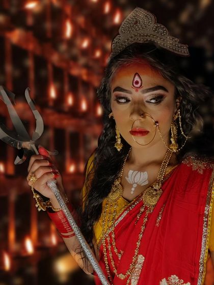 Another fierce look of a goddess, holding a trishul, with intense eye makeup and traditional attire.