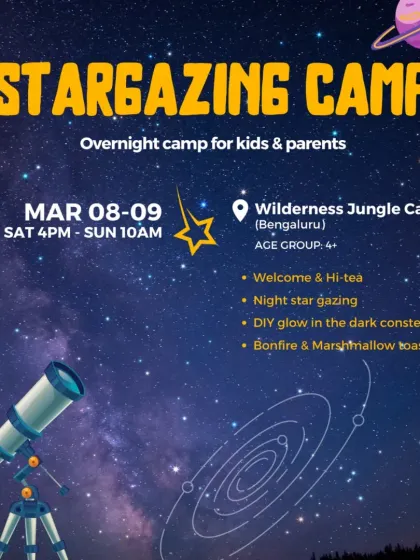 An event poster for our Bengaluru stargazing camp, highlighting the key attractions like DIY constellation art and marshmallow toasting.