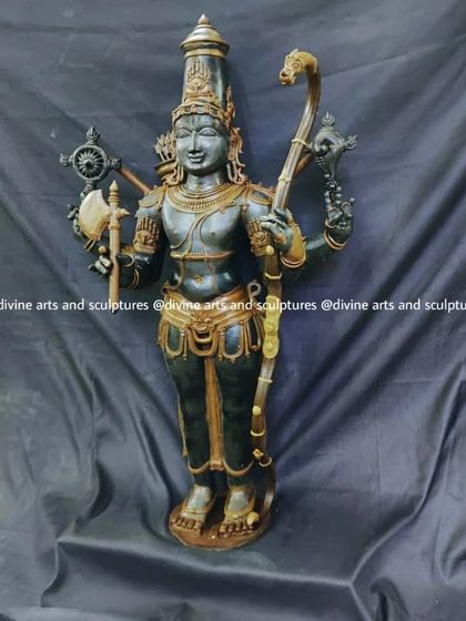 This is a sculpture of Parashurama, the sixth avatar of Vishnu, known for his warrior prowess. He is depicted holding his characteristic axe (parashu) and a bow.