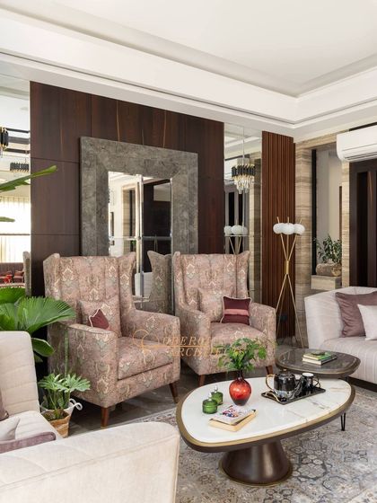 A close-up of the seating arrangement, showing the mix of patterned and solid fabrics that add texture and interest.