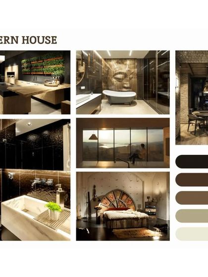 A mood board for a modern house with a bold aesthetic, using rich, dark tones, earthy wood textures, and statement lighting to create a sophisticated and dramatic feel.