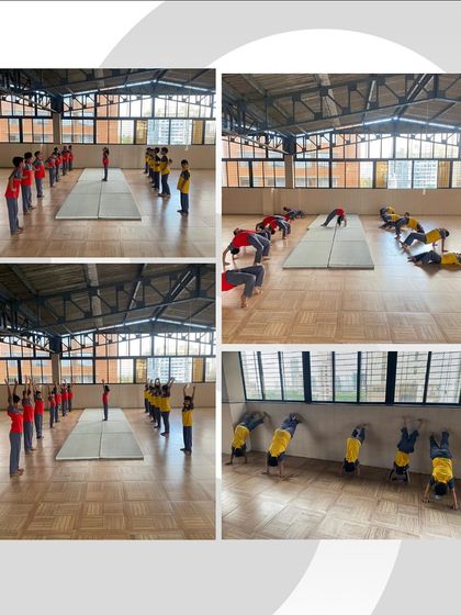 Floor gymnastics at Trinity International School. This collage shows students performing various poses, rolls, and handstands, showcasing the strength, balance, and grace they develop in our program.