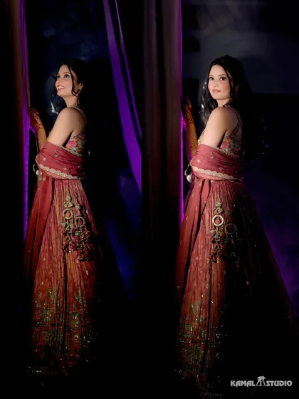 A dramatic and artistic diptych of the bride, using reflections and lighting to create a memorable portrait.
