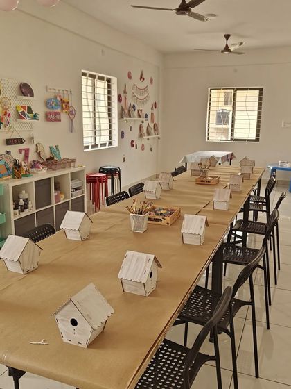 Another view of the studio ready for a birdhouse painting party. You can see the bright, clean, and inspiring environment I provide.