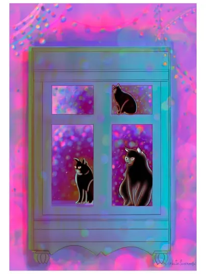 The full view of my magical cat illustration. The bright, almost neon background contrasts with the dark cupboard, creating a piece that feels like it's from another world.