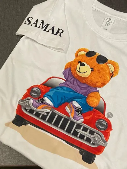 We also do personalised t-shirts for adults. This cool teddy bear design can be customised with a name on the sleeve.