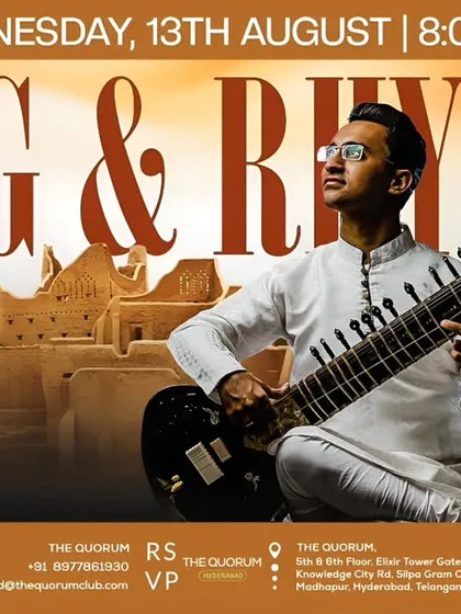 The official poster for my 'Raag & Rhythm' concert. I work with clients to create bespoke performances for public concerts, private events, and corporate functions, ensuring a professional and captivating experience.