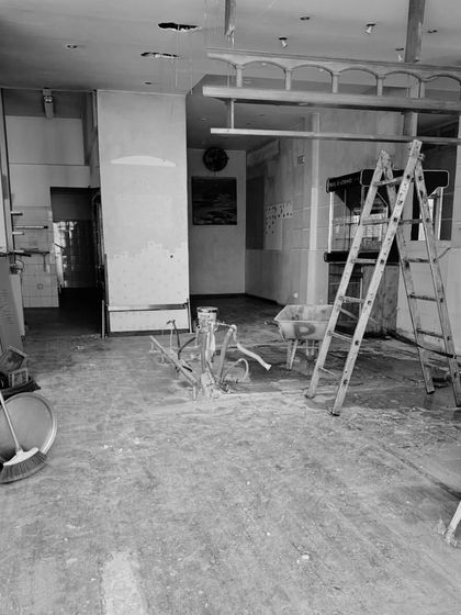 Another glimpse from our project site in Ibiza, Spain. This work-in-progress image shows the interior taking shape, with ladders and tools marking the phase of creation before the final layers of design are applied.