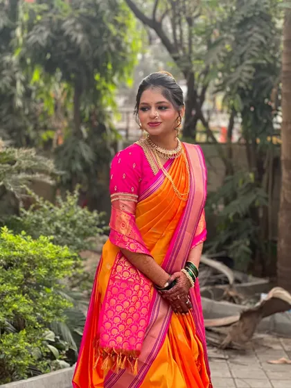 Another angle of the complete look, showcasing the vibrant colors and traditional styling.