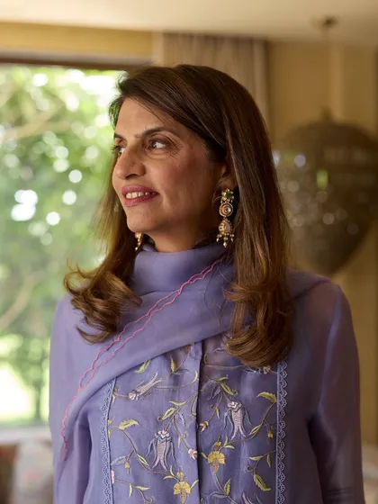The Bahar earrings, with their intricate design and pearl drops, are an ideal adornment for the wedding season or any festive gathering. Here they are styled with a beautiful lavender kurta set.