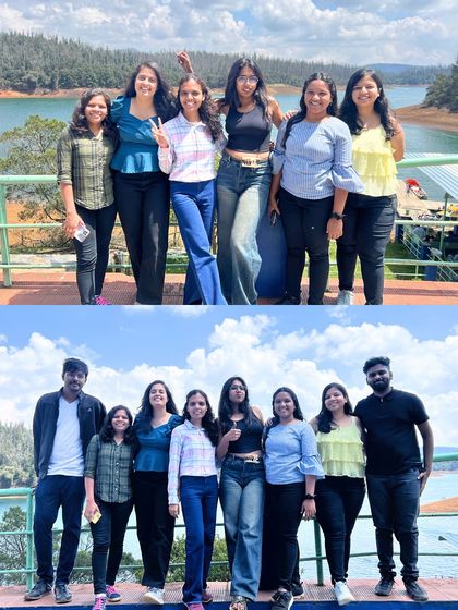 Two group photos from our Ooty trip, capturing the fun and friendship against the scenic backdrop of the lake.