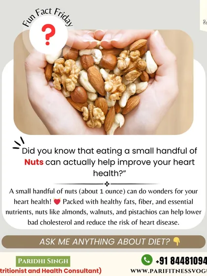 Fun fact Friday: did you know that a small handful of nuts can improve your heart health? Nuts like almonds and walnuts are packed with healthy fats and fiber that can help lower bad cholesterol.