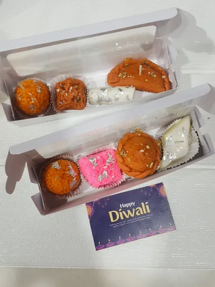 I love creating different combinations for my mithai candle gift boxes. This shows two different assortments, featuring a mix of Ladoo, Patissa, Gujiya, Kaju Katli, and Barfi shaped candles.