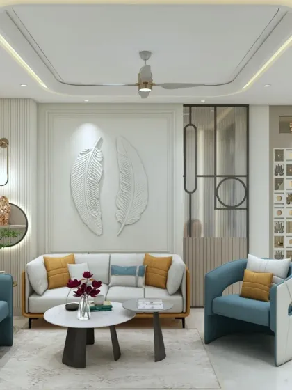 This living room features a statement wall with two large, white feather-like sculptures. The blue and yellow cushions add a vibrant pop of color to the otherwise neutral space.