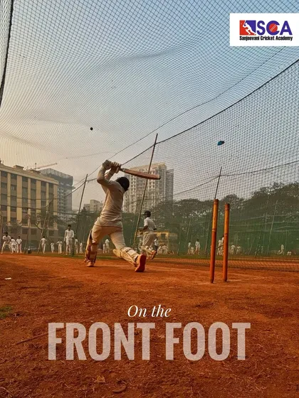 Always on the front foot. This action shot captures the aggressive and positive intent we encourage in our batsmen during net practice.