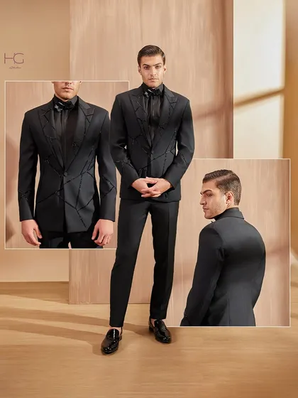 An all-black suit does not have to be ordinary. By using geometric paneling and a mix of textures, I've created a tuxedo that is both modern and powerful, designed to make a unique statement.