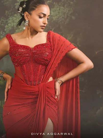 Another look at the Stardust Saree Set's corset blouse, showcasing the intricate beadwork and the flattering sweetheart neckline.