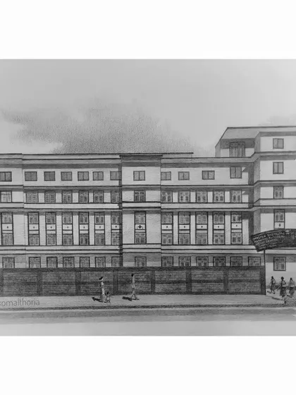 An architectural sketch of Tutorial High School, drawn in a formal one-point perspective to capture its vintage look for the HDFC legacy project.