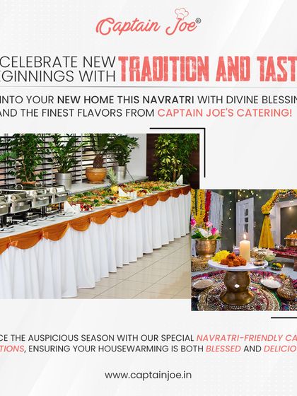 Celebrate new beginnings with tradition and taste. This image showcases my Navratri-friendly catering options for a housewarming, featuring a traditional puja setup alongside an elegant buffet line, ensuring your event is both blessed and delicious.